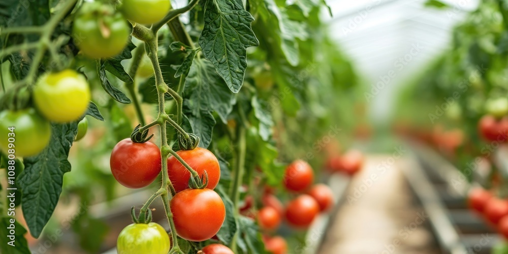 Poster tomatoes developing on a vine in a greenhouse. copyspace.