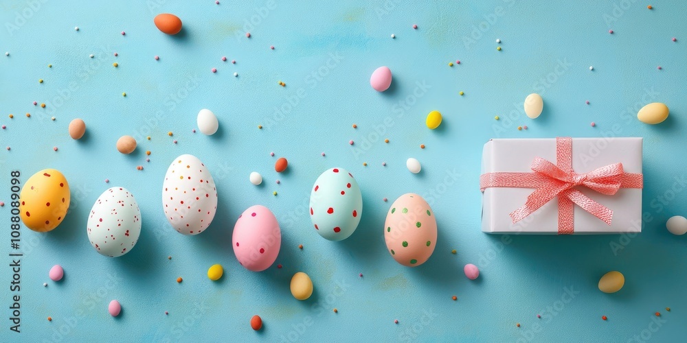 Poster easter holiday backdrop featuring eggs. a top view of a row of colorful painted chicken eggs alongsi