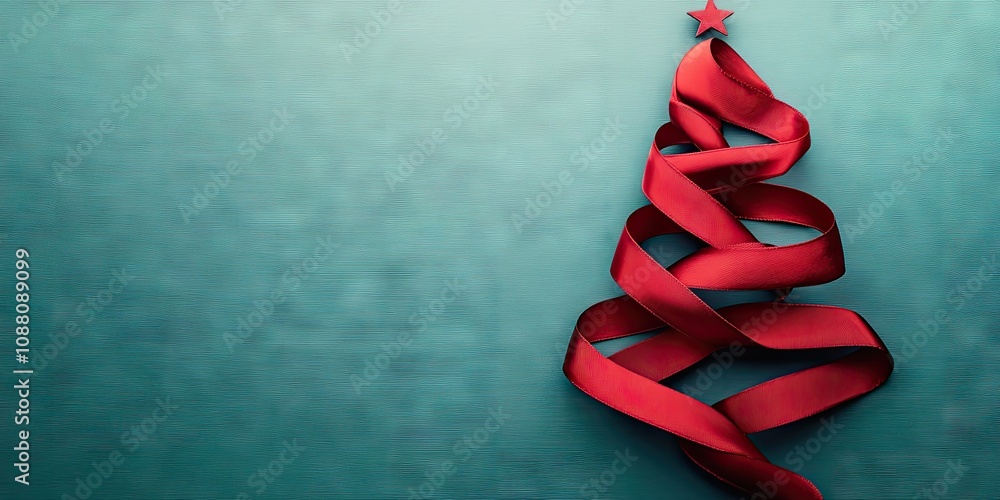 Poster christmas tree created from dark red velvet ribbon on a colored background. vertical flatlay.
