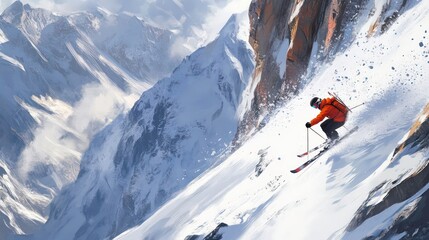 A lone skier carves down a snowy slope in the high mountains, leaving a spray of powder in his wake. The mountains are covered in snow, with a clear blue sky overhead.