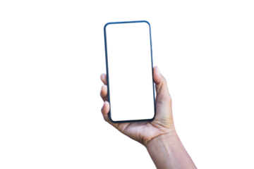Young woman's hand holding a smartphone Isolated on transparent background.