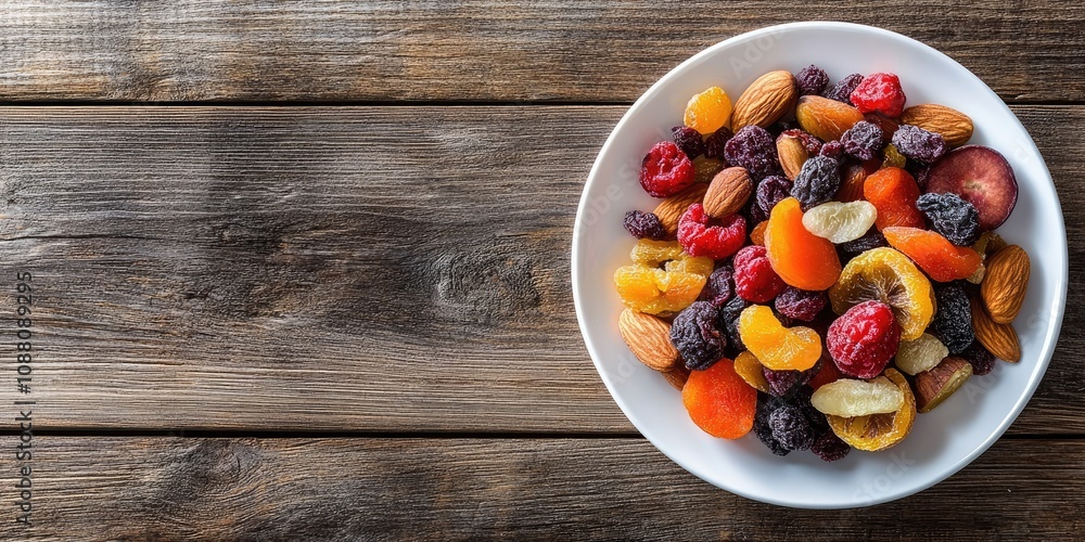 Poster dried fruits on a white plate on a wooden table. a combination of various nuts and berries, rich in 