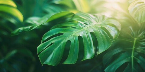 Vibrant green monstera deliciosa leaves with a shallow depth of field. Horizontal summer tropical background. Urban jungle theme.