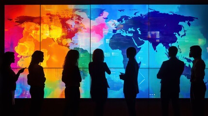 Silhouettes of a business team in front of a large screen displaying a digital map of the world and data, representing global business strategies.