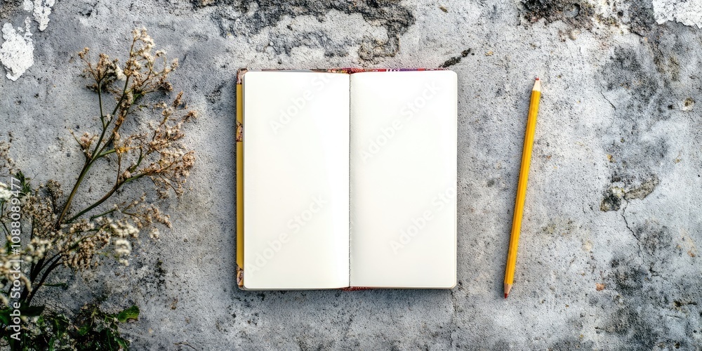 Fototapete Copybook and pencil on a concrete surface. Branding stationery mockup. Empty items for adding your design. Top view. Flat lay.