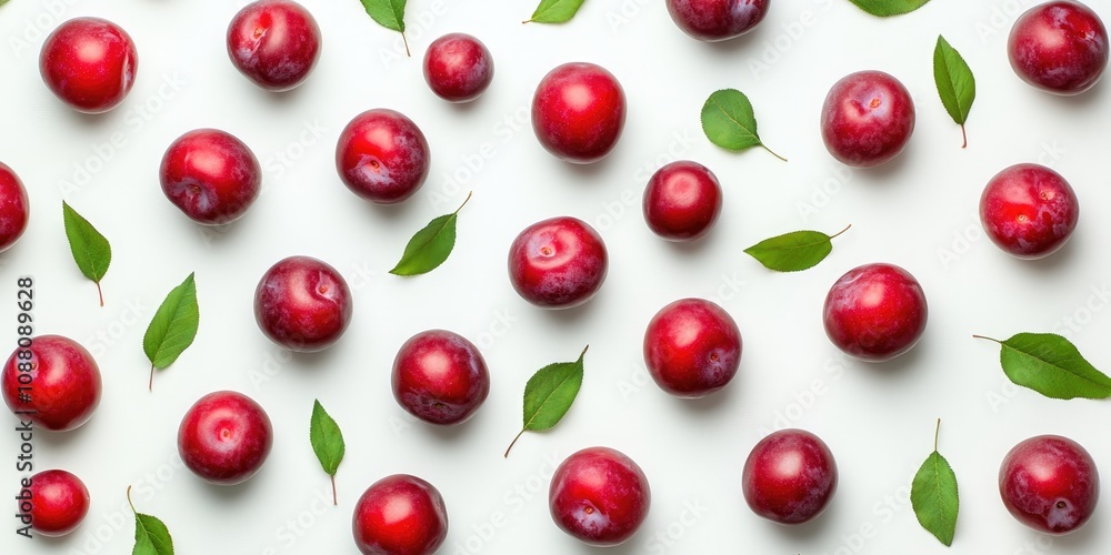 Aufkleber summer harvest of red plums. red plums and leaves pattern on a white background top view with space 