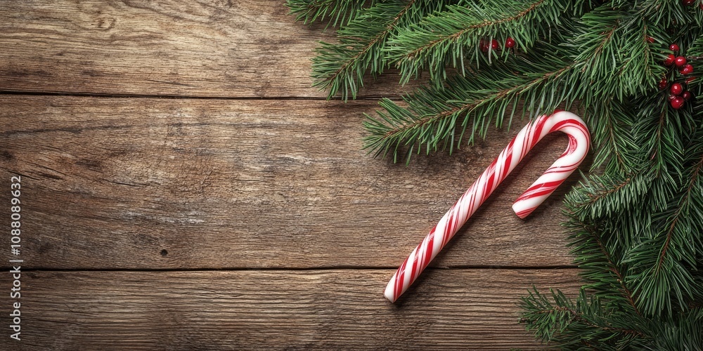 Poster christmas tree branch featuring a candy cane on a wooden table. top view with copyspace.