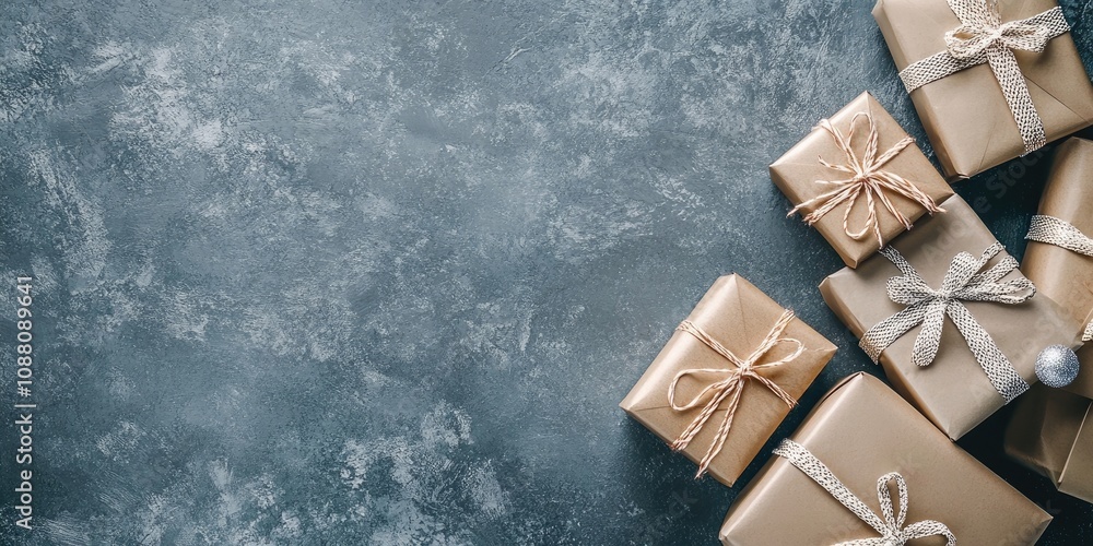Poster a collection of wrapped boxes with gifts on a grey textured background. top view. gift concept. spac