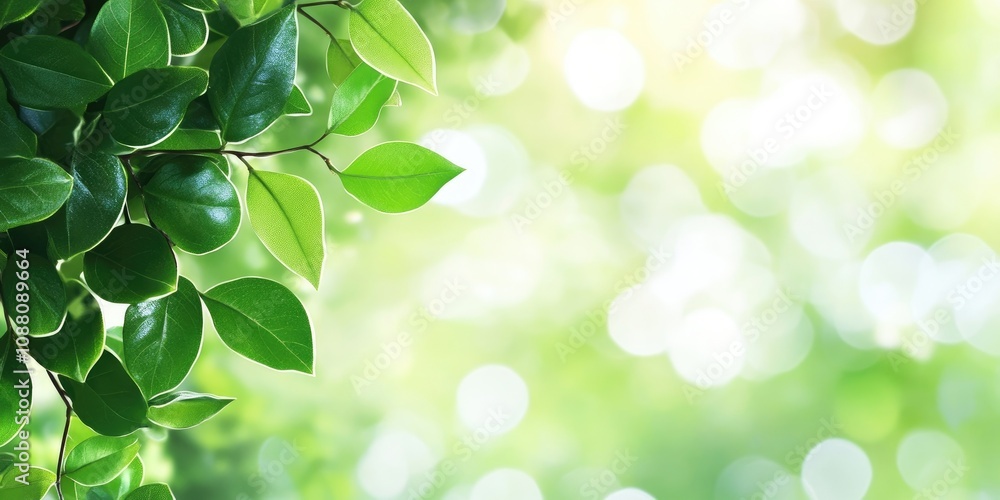 Poster Green leaves in nature against a bokeh background with copy space for text.