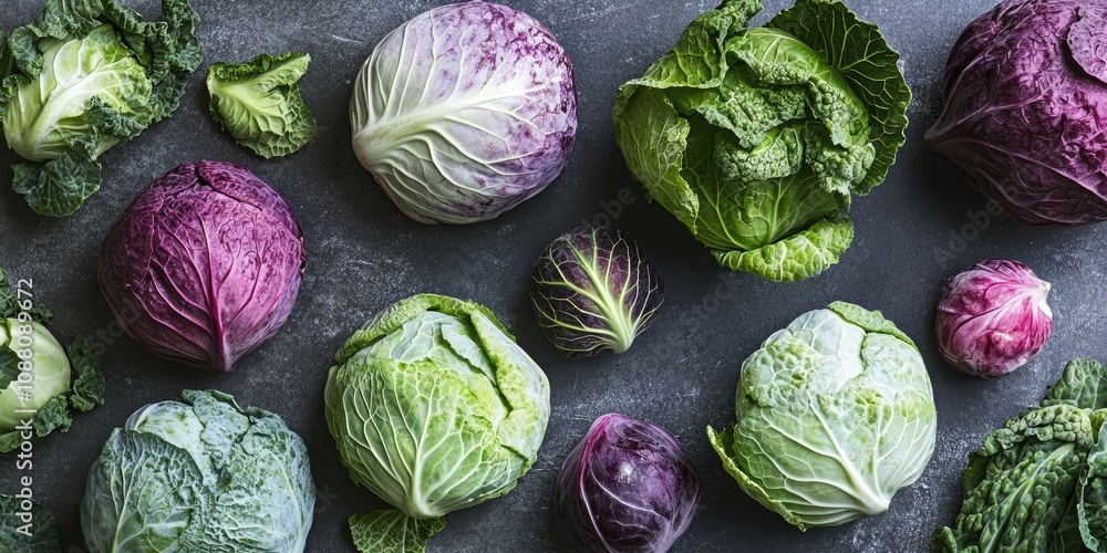 Poster flat lay arrangement featuring various cabbages on a grey backdrop.