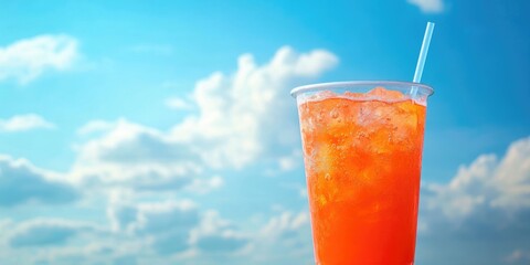 Refreshing summer cocktail. A chilled, vibrant red-orange beverage in a takeaway cup set against a blue sky backdrop. Summer drink sales for takeout.