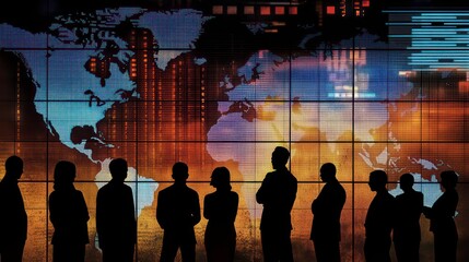 A group of businesspeople stand in front of a large screen displaying a world map, representing global business and connectivity.