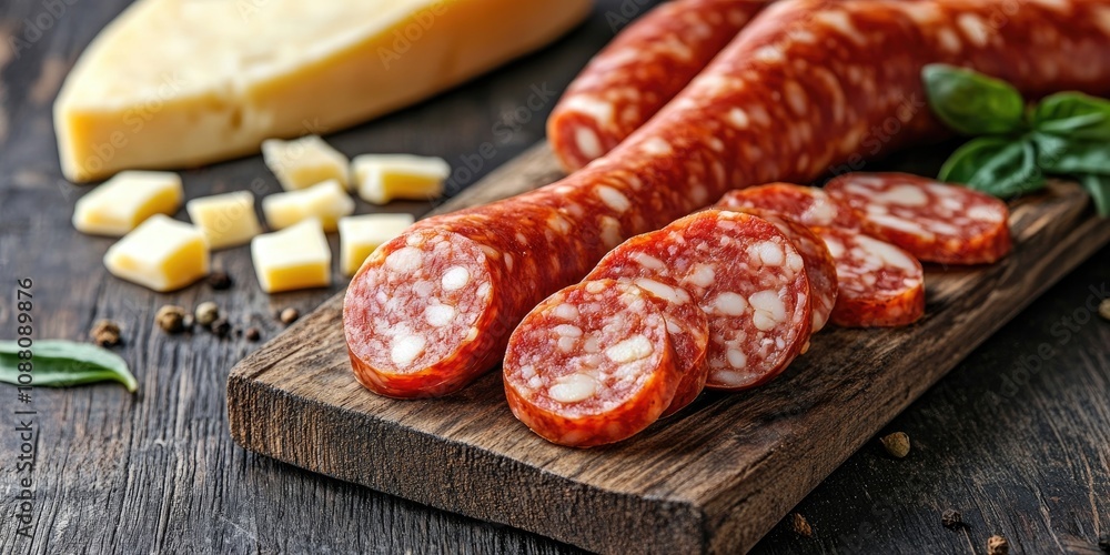 Poster sausage sliced on a wooden board with cheese pieces embedded inside, selective focus and copyspace.