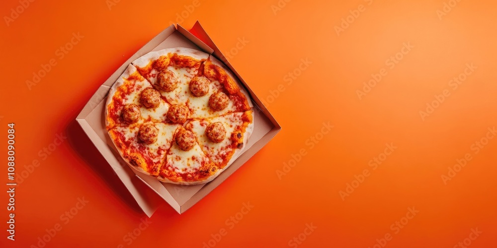 Poster pizza and cheese balls in a paper box, isolated on an orange background. this image comes with a cli