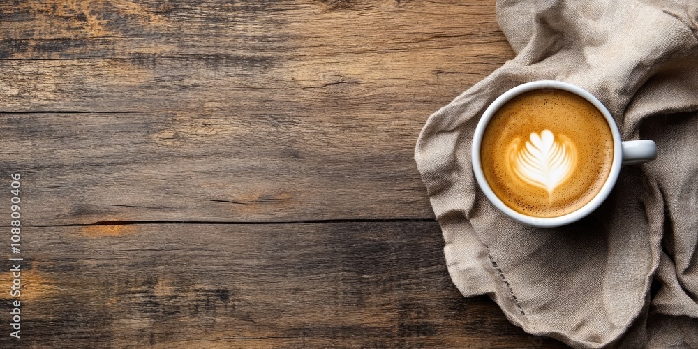 Poster a cup of morning cappuccino on a rustic wooden table with copy space.