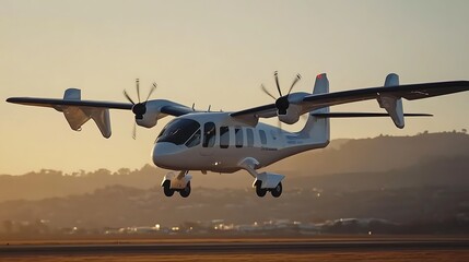 Hybrid-electric aircraft in flight at sunset, approaching landing.