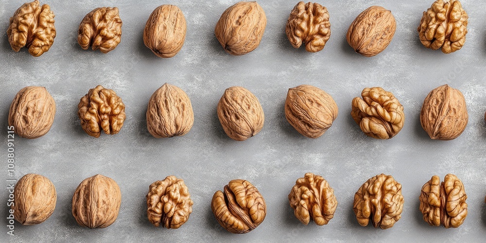 Poster Walnuts arranged on a grey background in a pattern, viewed from above with copy space. Large walnut.