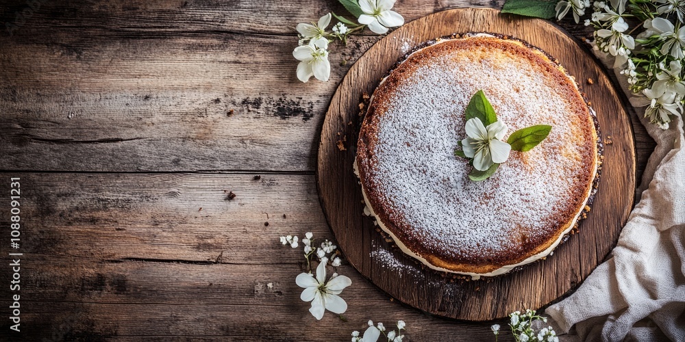 Poster sweet cake as a dessert idea on a rustic backdrop with copyspace.