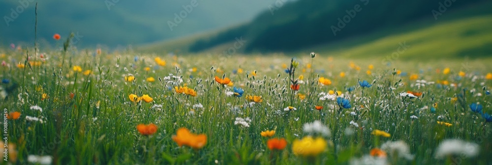 Poster a vibrant display of colorful wildflowers fills the green meadow, creating a picturesque view under 