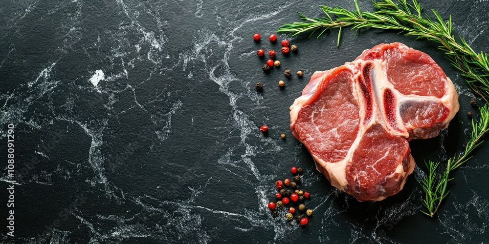 Poster raw osso buco meat with seasonings on a dark stone surface. top view with copyspace.