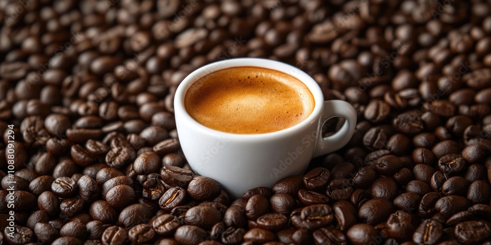 Poster a cup of hot espresso on a mound of roasted coffee beans with available space for design or text.