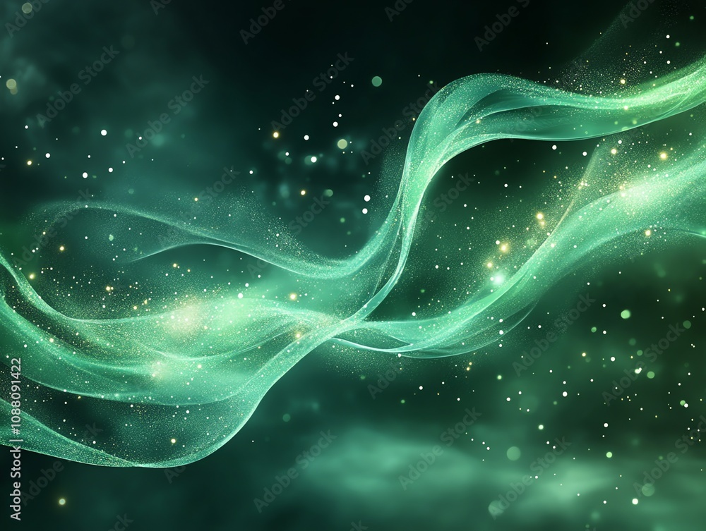 Poster abstract green wave with glowing particles. (1)