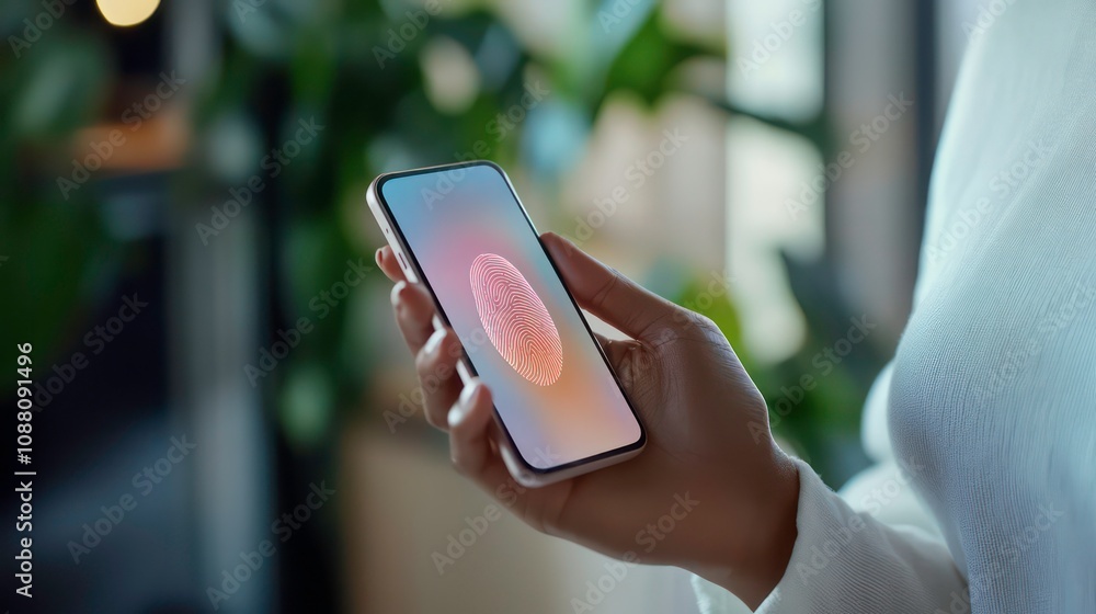 Poster securely empowering: woman's fingerprint unlocks the gateway to personal financial data on mobile ba