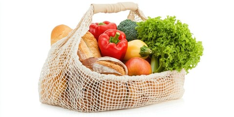 Mesh shopping bag containing bread, vegetables, and fruits isolated on a white background. Zero waste concept.