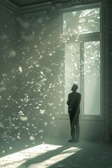 Fototapeta premium A man stands next to a window where light enters with some particles