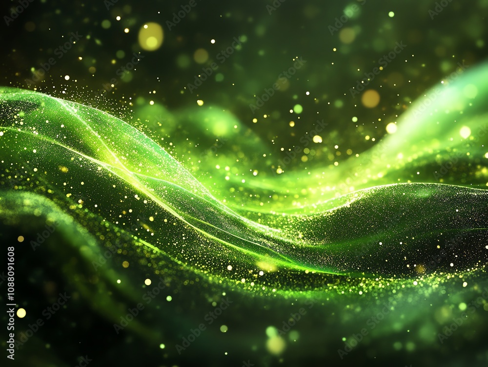 Poster Abstract green wave with glowing particles.