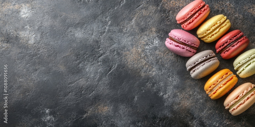 Poster Colorful macaroons on a stone surface. Sweet macarons. Top view with copyspace for your text.