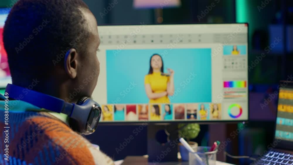Poster Black man photo editor in a well organized workspace editing images on dual monitors using advanced software tools, displaying creativity and professional dedication. Computer setup. Camera A.
