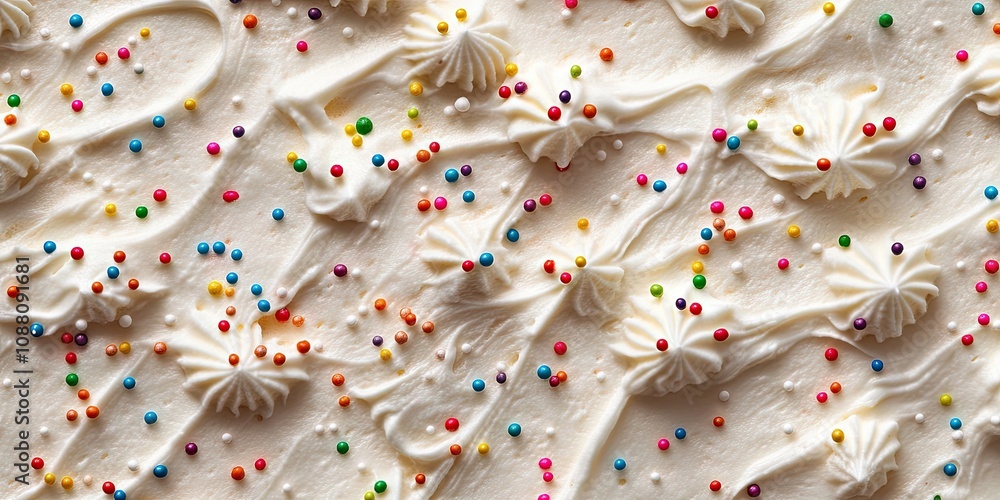 Poster cake frosting texture backdrop with sprinkles on the surface.