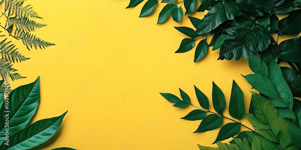 Aufkleber create a card using green and yellow leaves for an abstract background. nature concept, flat lay, co