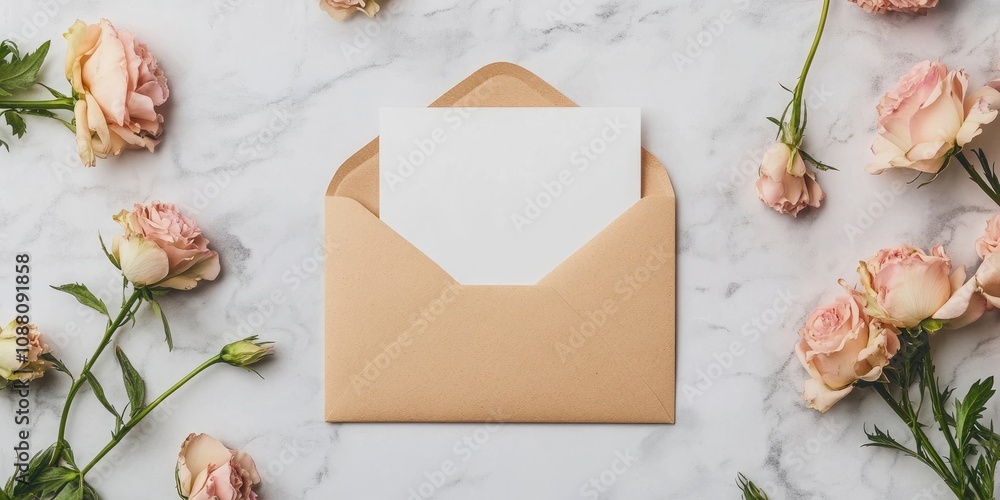 Poster envelope with a blank card and flowers on a light backdrop.