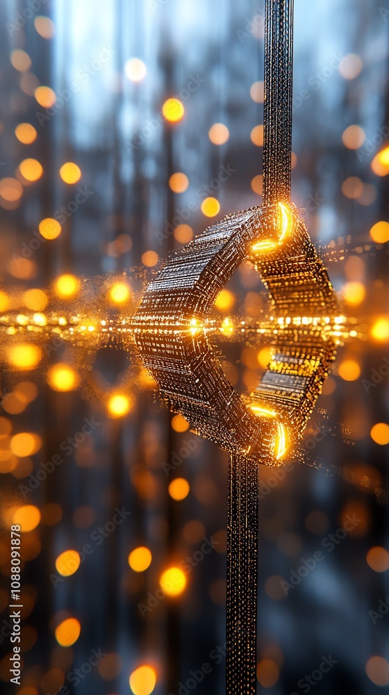 Poster Abstract hexagonal structure with glowing lights reflected in water, set against a blurred forest background.