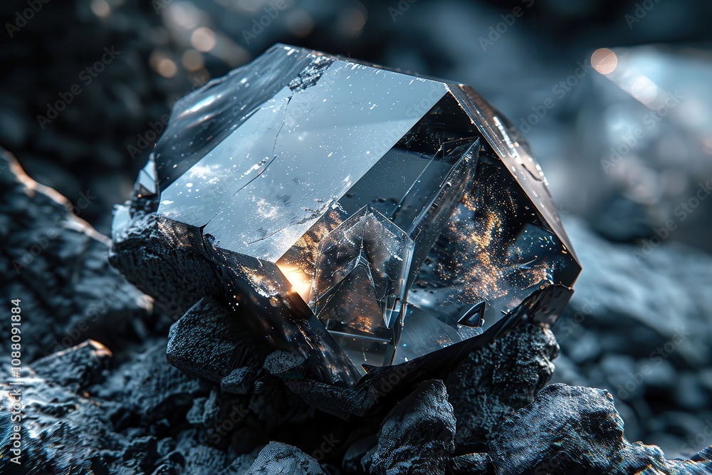 Poster a close-up view of a dark crystal resting on a rocky surface, showcasing its intricate facets and un