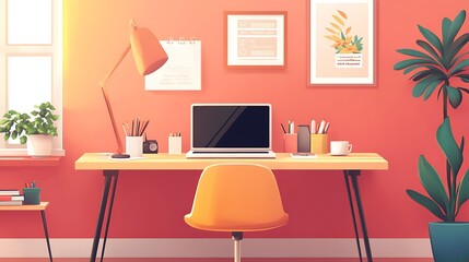 Modern home office workspace with laptop, desk, chair, and plants.