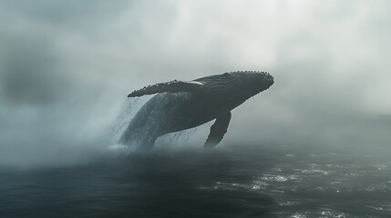 Fototapeta premium Majestic humpback whale breaching in misty ocean.
