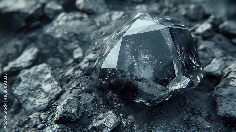 Poster a close-up of a crystal-like structure resting on a rocky, textured surface, showcasing its sharp fa