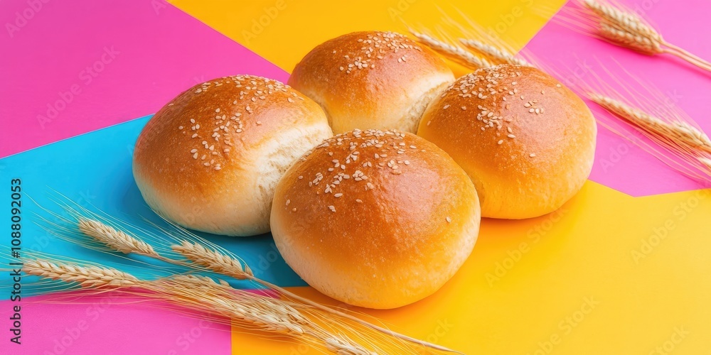 Poster fresh buns with wheat stalks on a colorful background