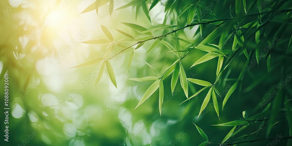 Poster close-up of a bamboo forest with green leaves illuminated by natural light. macro shot taken from be
