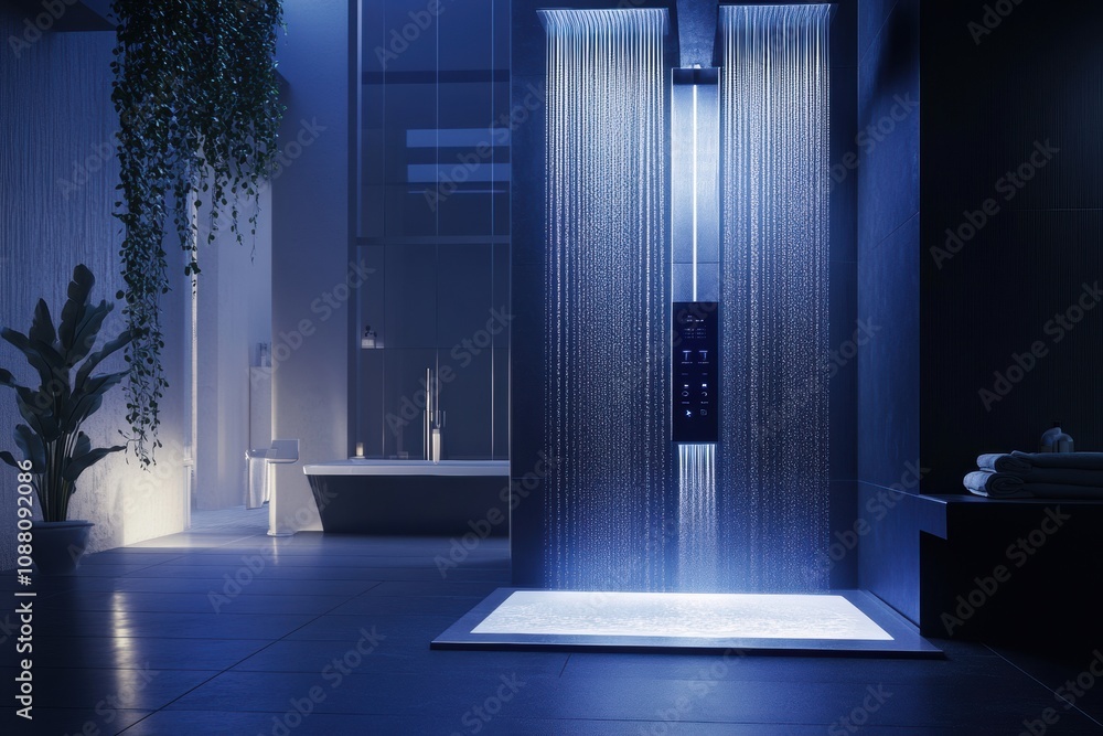 Fototapete A luxurious bathroom showcases a high-tech smart shower system with a touch control panel for precise temperature settings. Generative AI