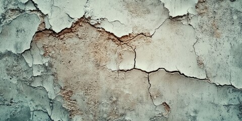 Obraz premium Close-up of cracked concrete wall texture, unpainted cement background in vintage style for graphic design or retro wallpaper, showcasing the texture of cracks in the concrete wall.