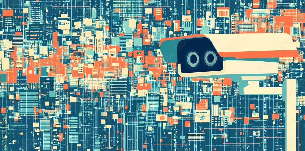 Poster abstract illustration of a security camera within a complex network of data.