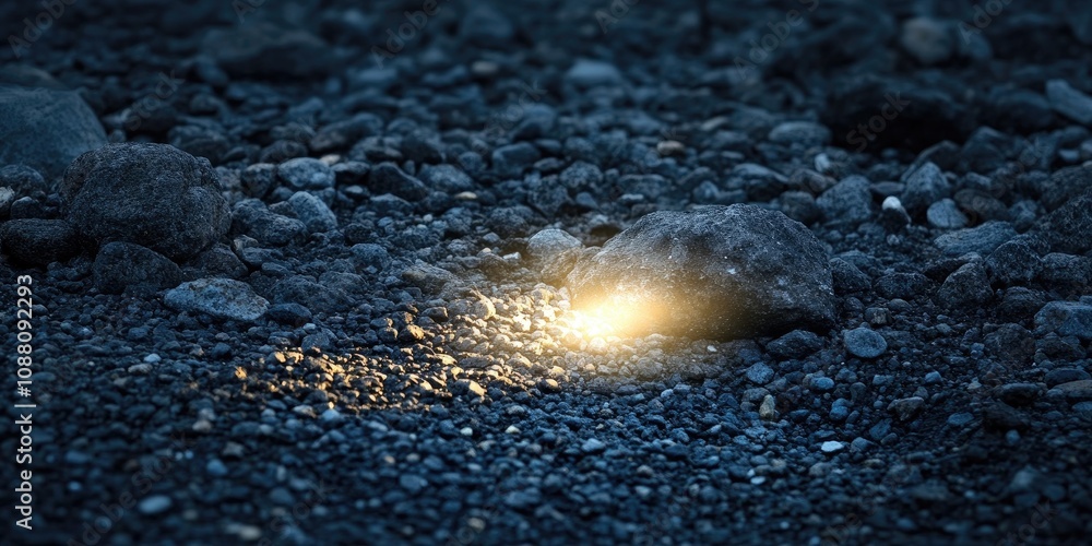 Poster Light with a bright projection on a surface of small dark stones.