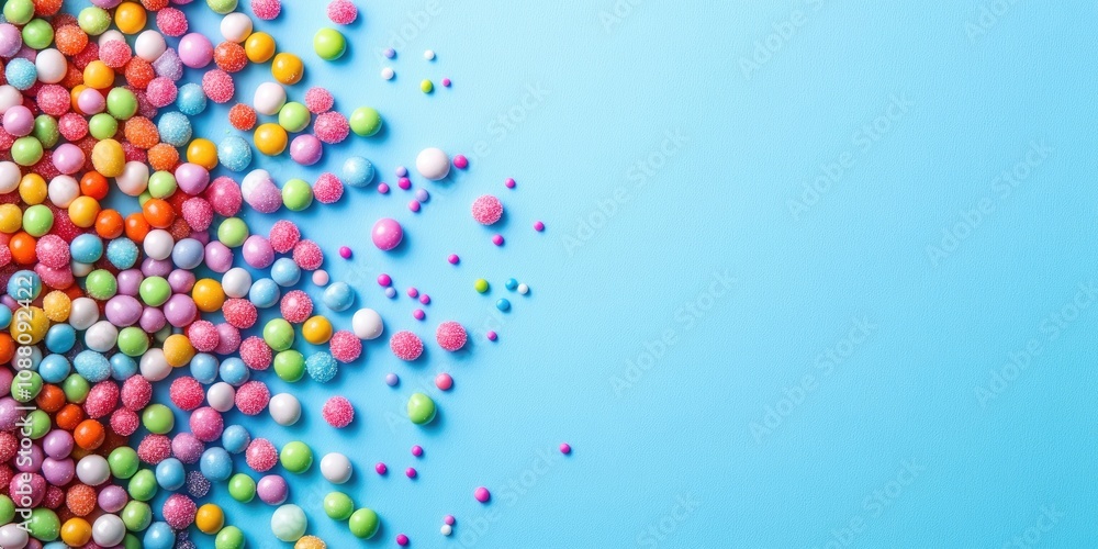 Poster background of multicolored sugar-coated candies with copyspace.