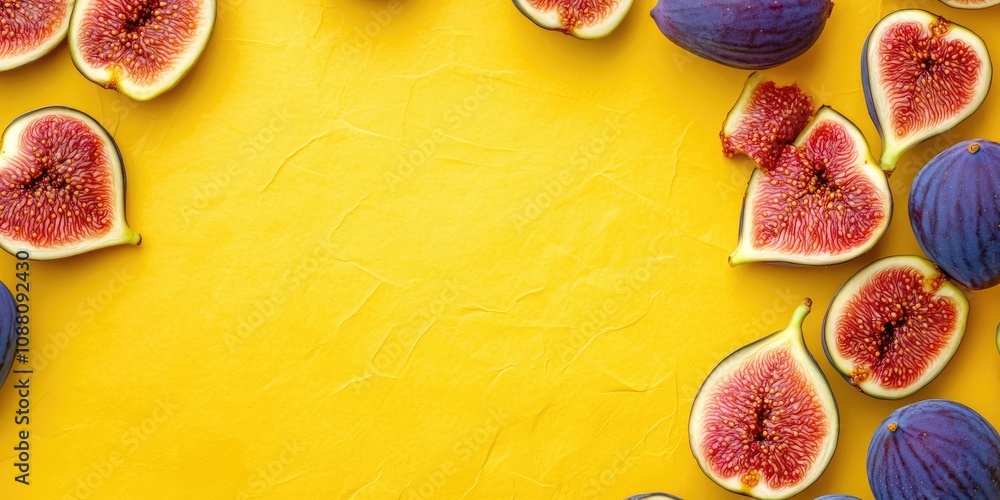 Poster fresh whole and sliced figs on a yellow paper surface with copyspace. food backdrop. top view. flat 