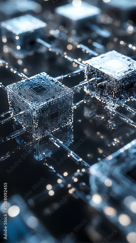 Fototapete Abstract image of interconnected digital cubes, representing data network or blockchain technology.