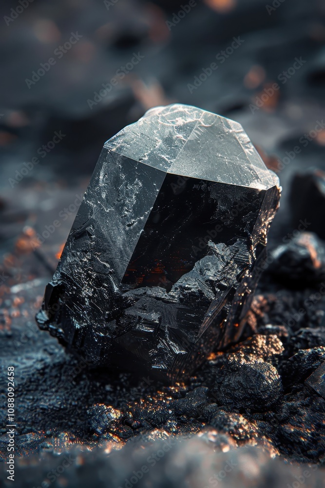 Poster a sparkling black crystal sits on a textured surface, showcasing its angular facets and shimmering h